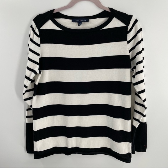 Tommy Hilfiger Wide Striped 100% Cotton Long Sleeve Boat Neck Pullover Sweater - Picture 1 of 9